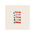 Five ceramic cigarette butts, assorted colors, lipstick-stained tips, arranged vertically on light background