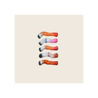 Five ceramic cigarette butts, assorted colors, lipstick-stained tips, arranged vertically on light background