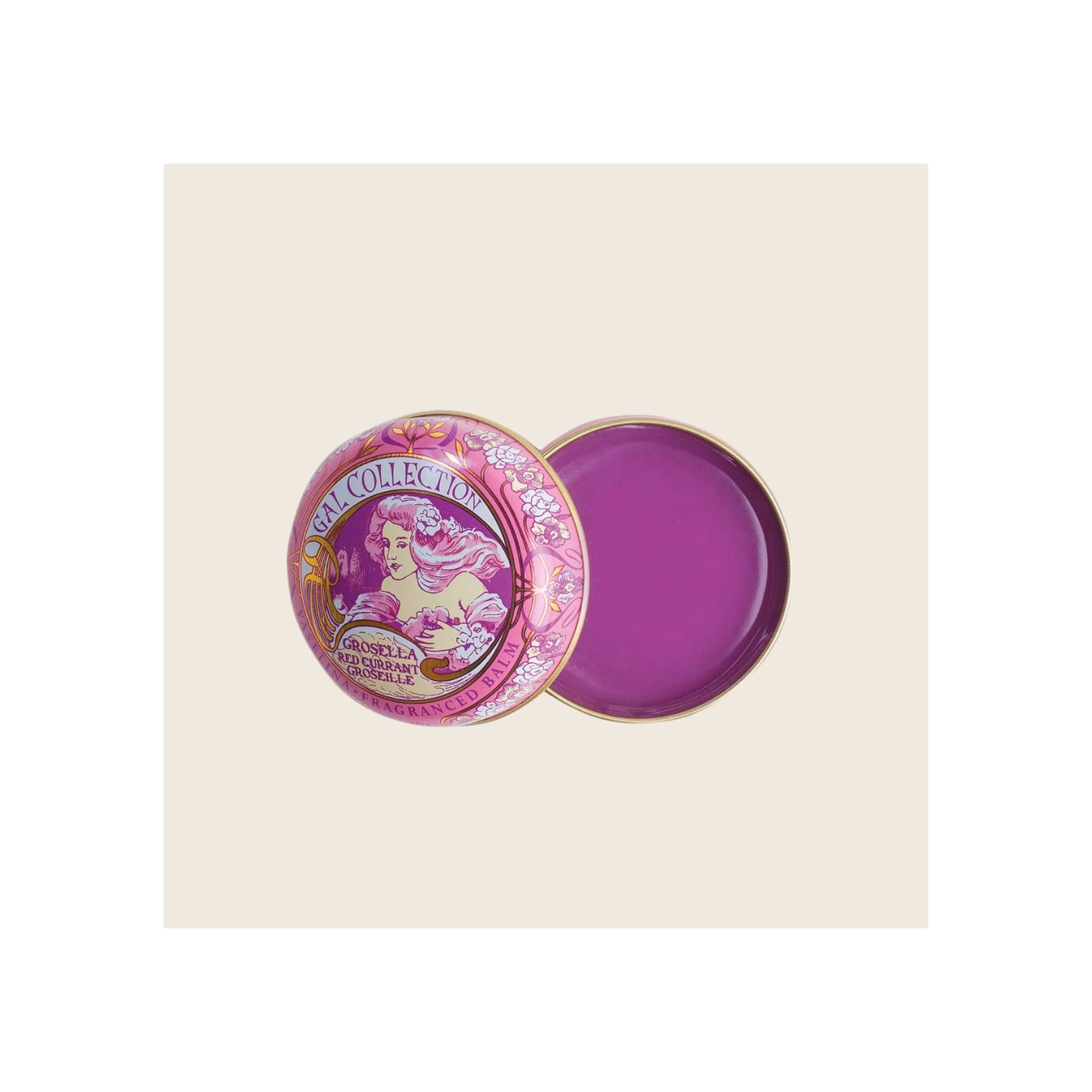 Lip balm tin, open, pink floral illustrated lid beside purple balm-filled base