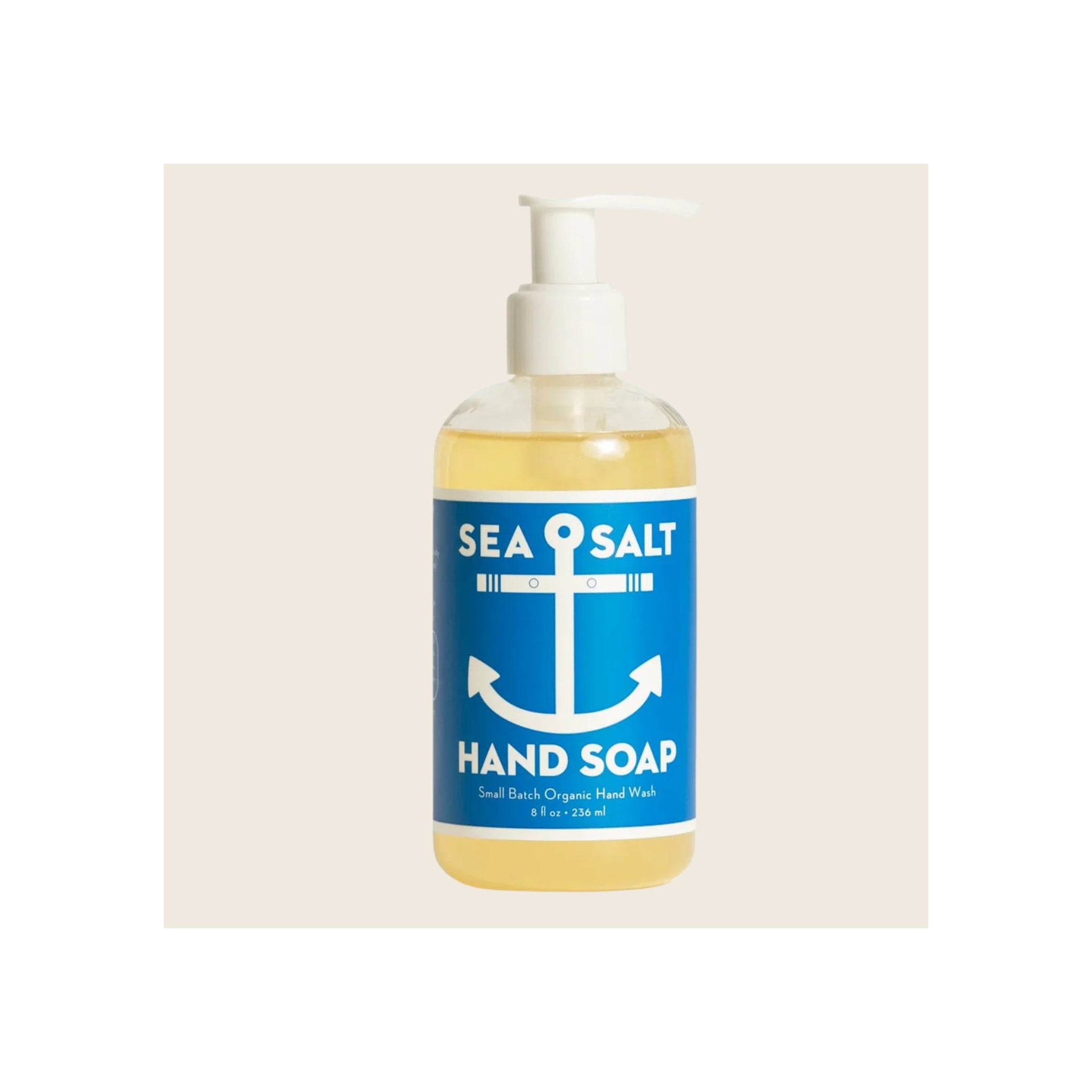 Hand soap pump bottle, clear with blue label, anchor graphic, white pump dispenser