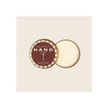 Hand salve tin, open, gold and burgundy label, cream-colored product visible