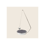 Decision Maker pendulum toy, silver metal frame and ball, black spiral-patterned circular base, angled upright