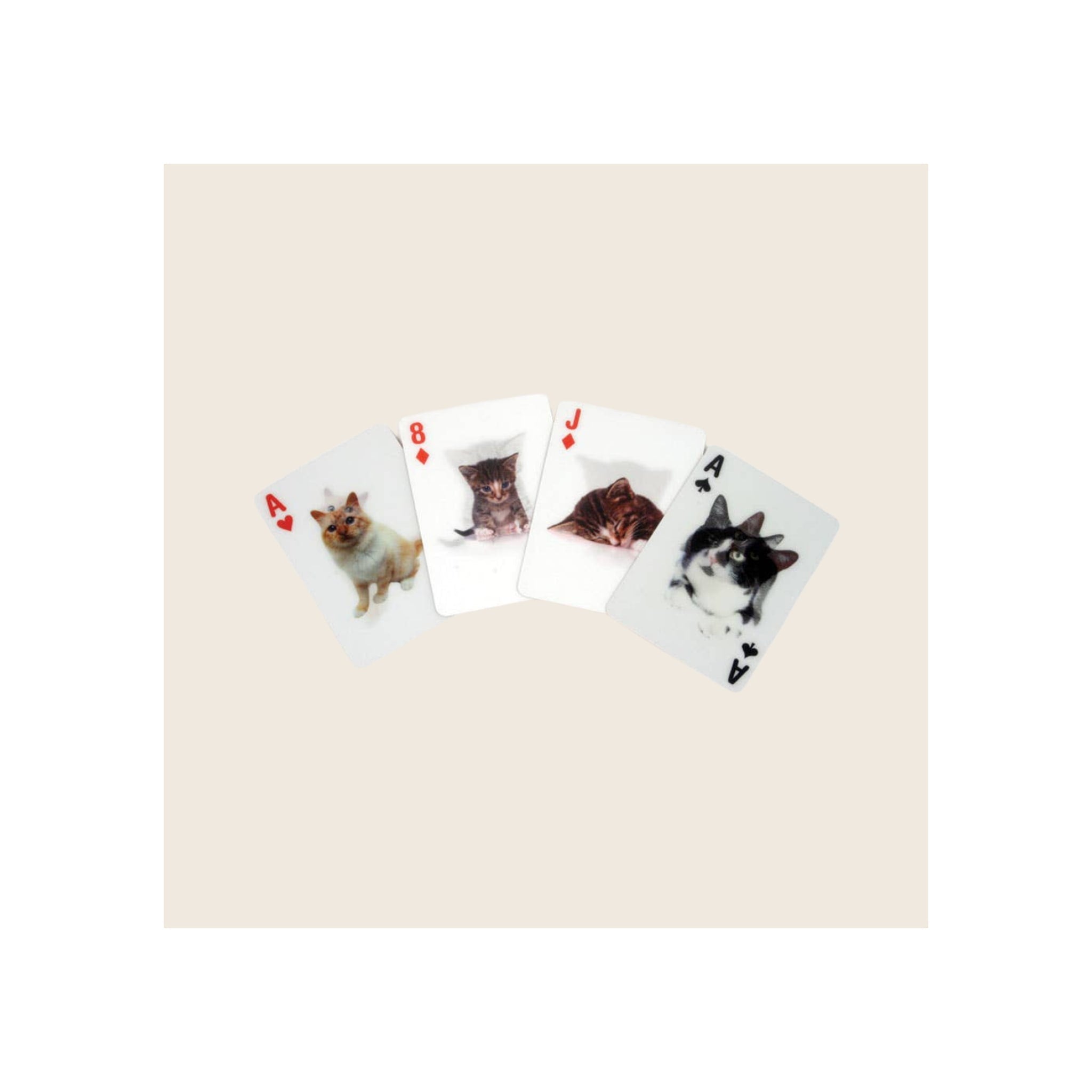 Playing cards fanned out, white faces printed with lenticular cat photos, red and black suits