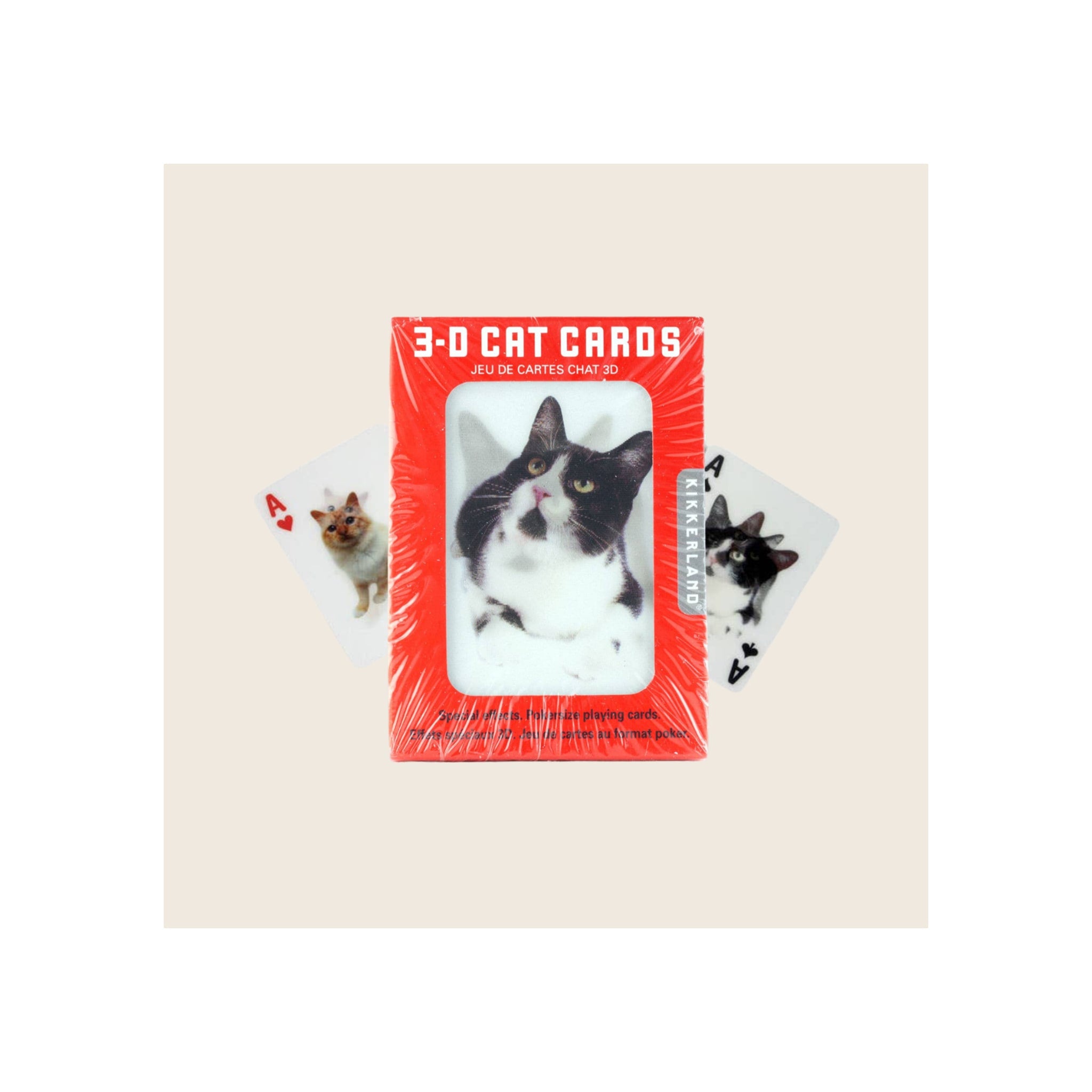 Lenticular cat playing cards deck in red packaging with two sample cards fanned out