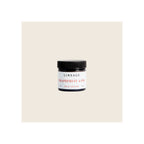 Solid cologne jar, amber glass with black screw-top lid, white label, front-facing upright