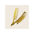 Folding beard and mustache comb, gold-tone brushed metal, open position showing teeth