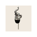 Elephant pourer, silver-finish cast metal elephant head topper with raised trunk, black rubber stopper and steel spout, upright orientation