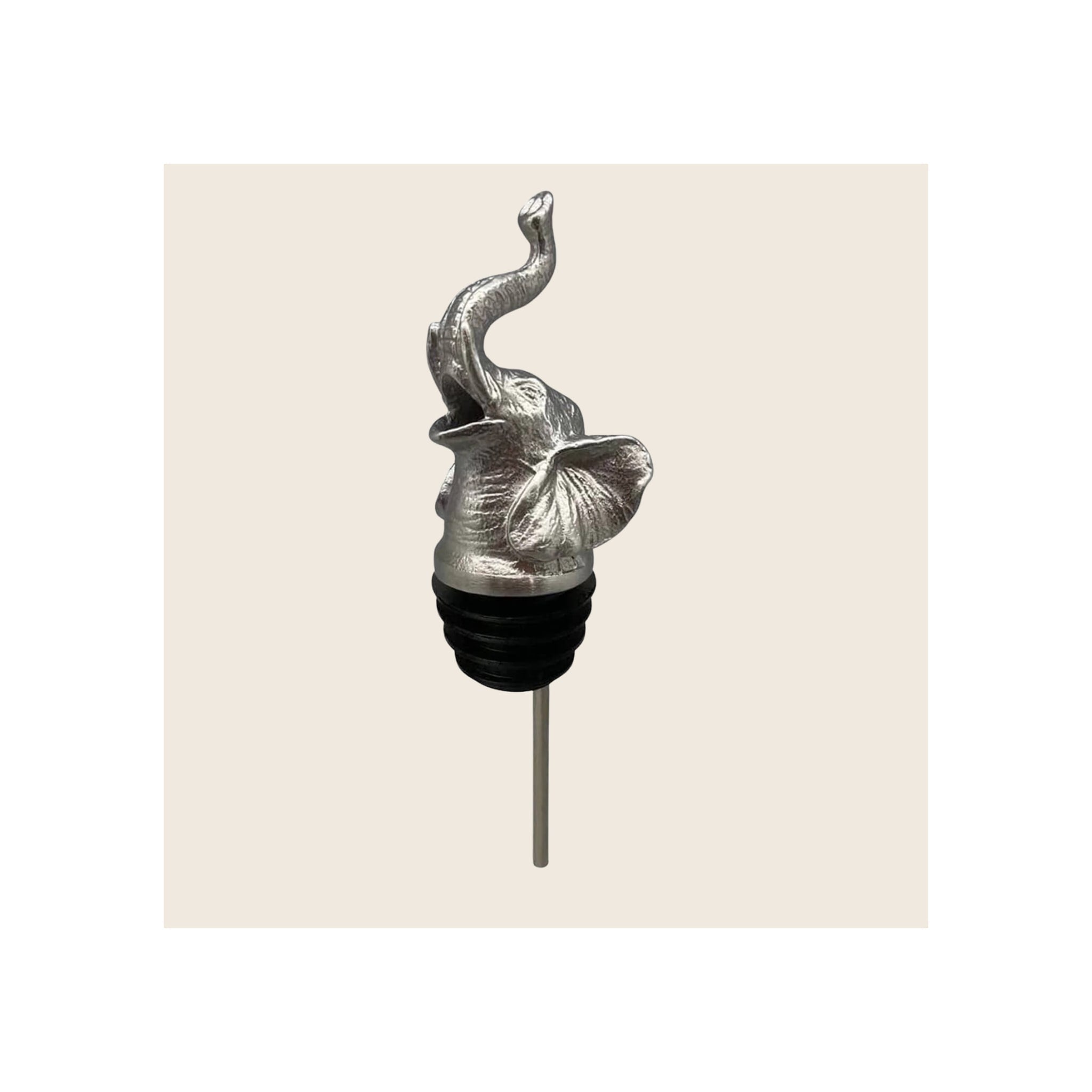 Elephant pourer, silver-finish cast metal elephant head topper with raised trunk, black rubber stopper and steel spout, upright orientation