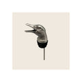 Goose pourer with silver duck-head topper, open beak, black rubber stopper, and steel spout