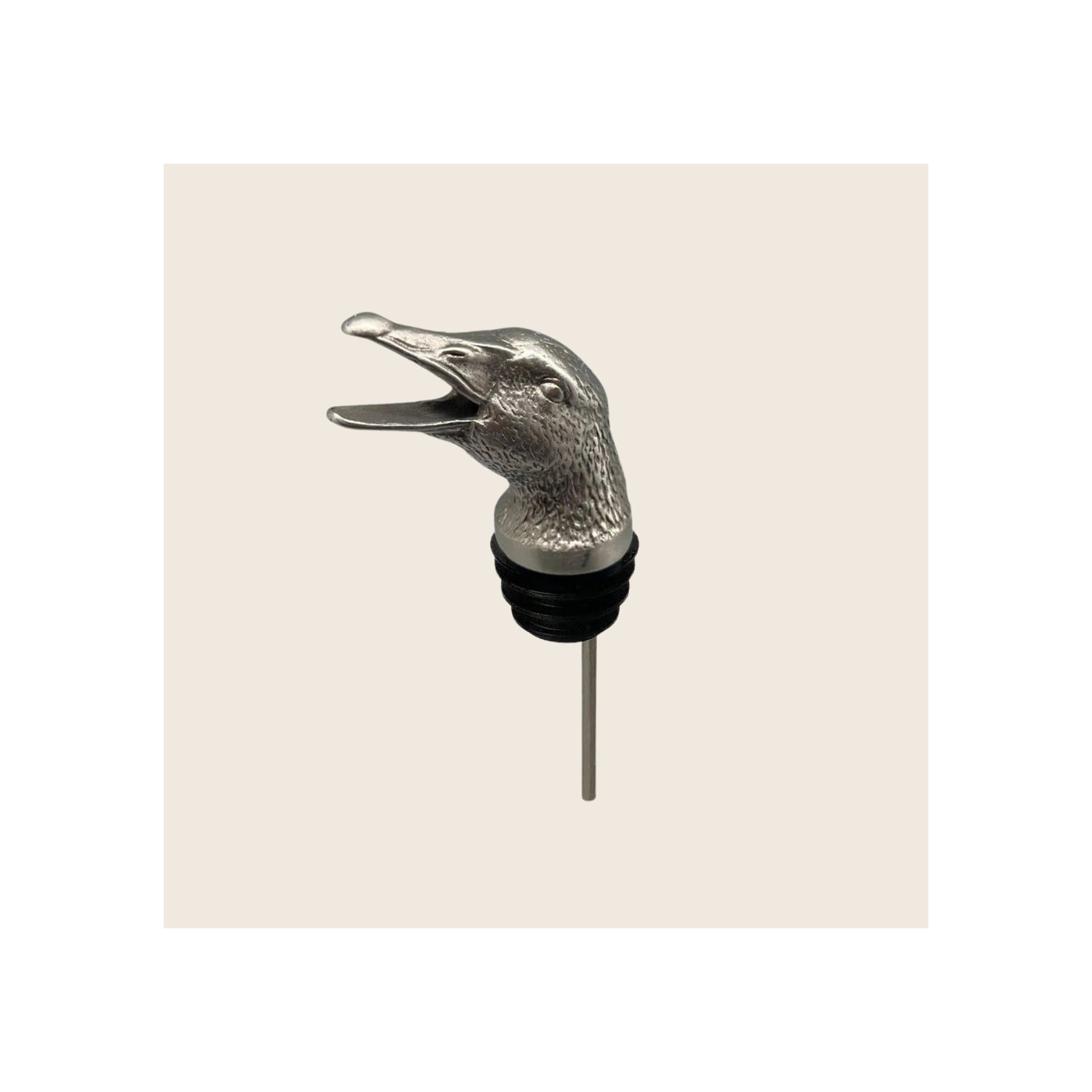 Goose pourer with silver duck-head topper, open beak, black rubber stopper, and steel spout