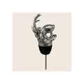Wine pourer with silver octopus figurine topper and black rubber stopper, upright orientation