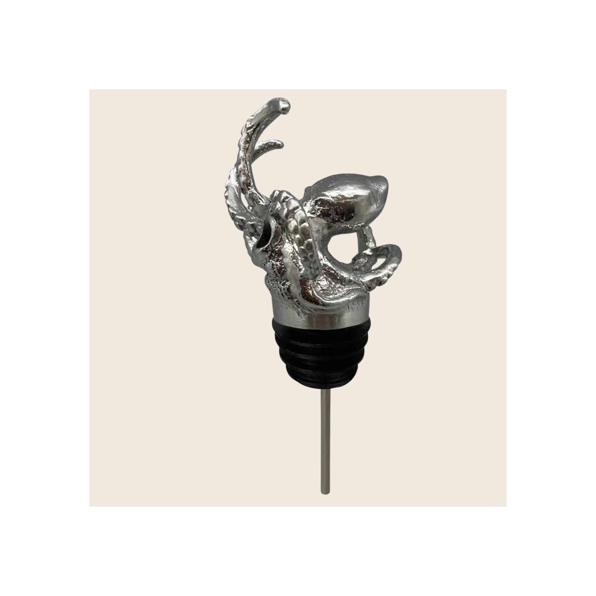 Wine pourer with silver octopus figurine topper and black rubber stopper, upright orientation
