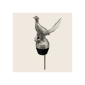 Pheasant pourer, silver-finish pewter bird figurine atop black rubber stopper with steel spout, upright orientation