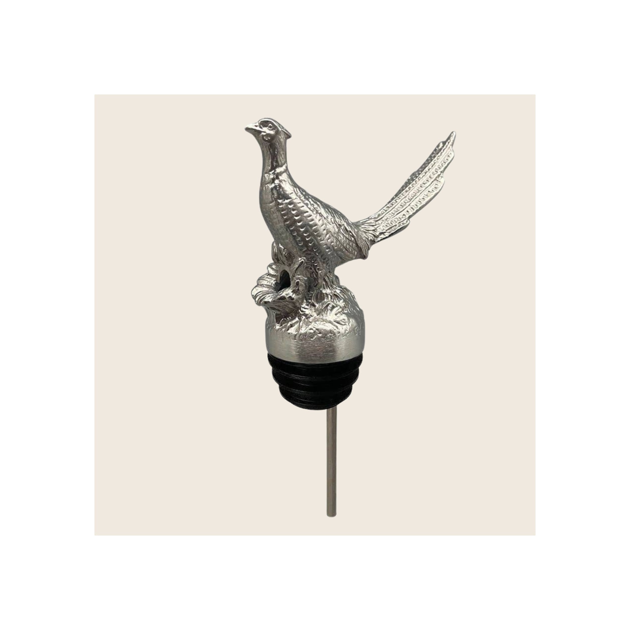 Pheasant pourer, silver-finish pewter bird figurine atop black rubber stopper with steel spout, upright orientation