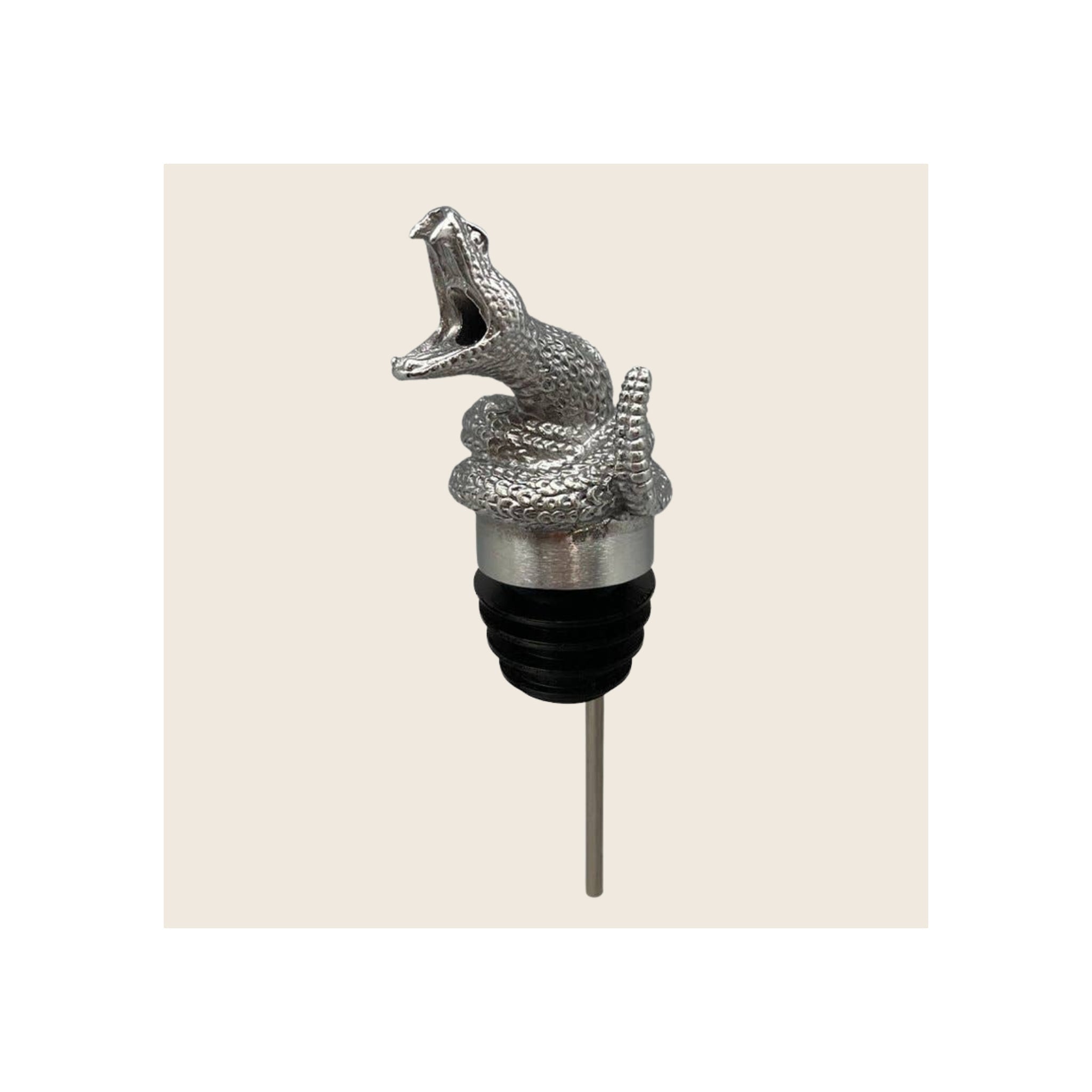 Rattlesnake bottle pourer, silver-finish coiled snake figurine, black rubber stopper and steel spout