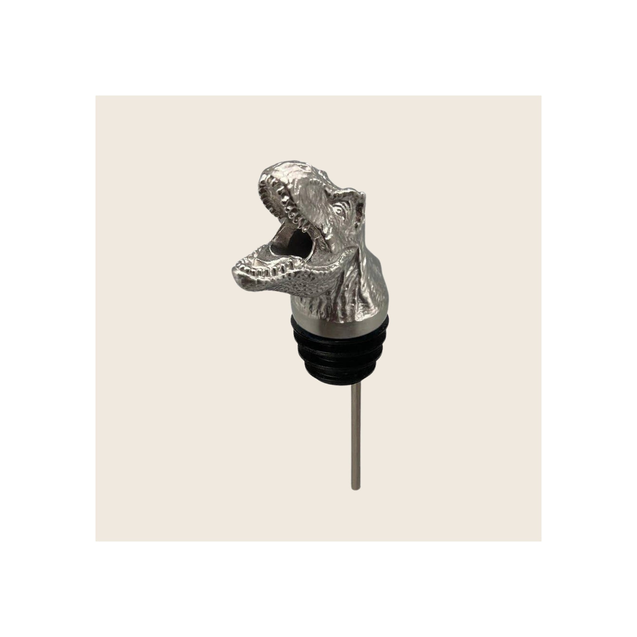 Wine pourer with silver T-Rex head topper, open-mouthed, black rubber stopper and steel stem