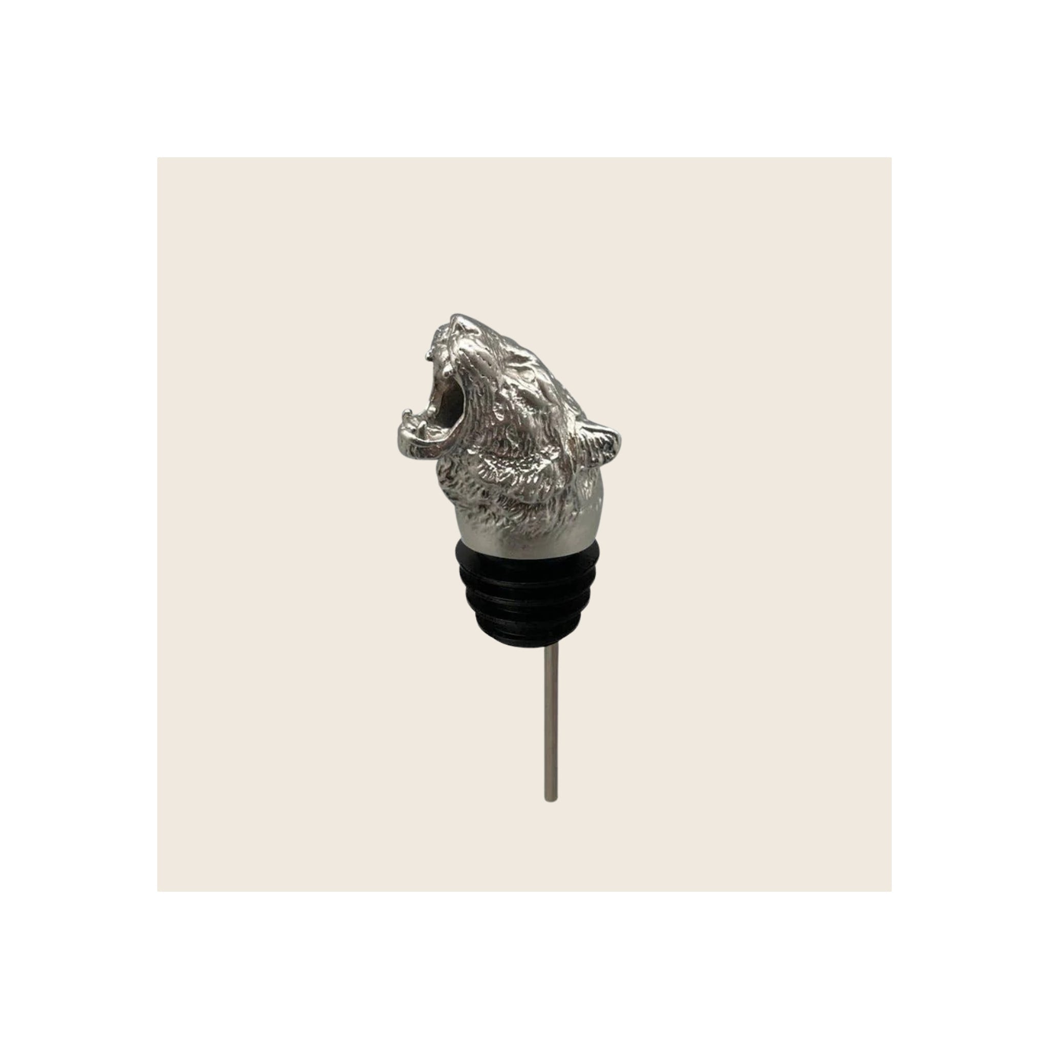 Tiger head pourer, silver-finish metal sculpt with black rubber stopper and steel spout, upright