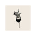 Wine pourer with silver unicorn head topper, black rubber stopper, and metal spout