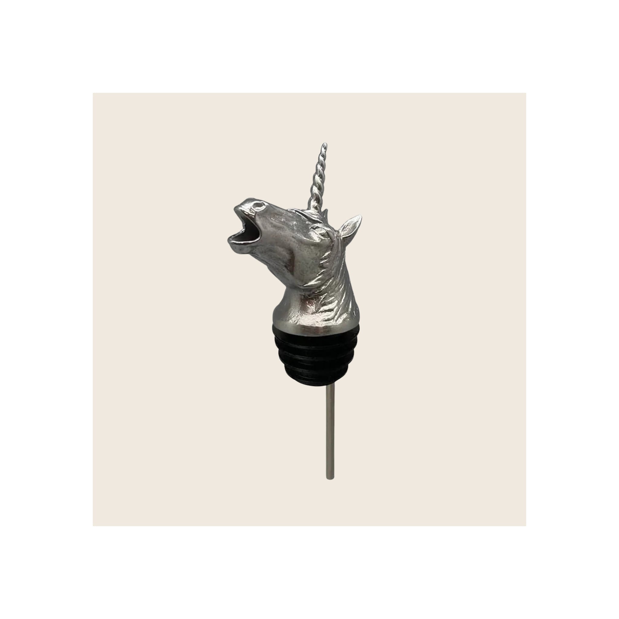 Wine pourer with silver unicorn head topper, black rubber stopper, and metal spout