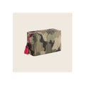 Cosmetic pouch in quilted camouflage fabric with hot-pink zipper and pull tab, angled three-quarter view