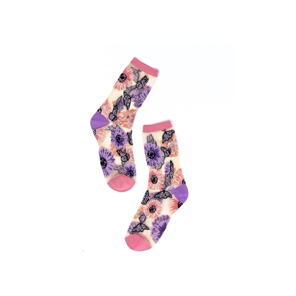 Socks with sheer cream fabric, pink and purple floral butterfly print, pink toe heel cuff