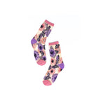 Socks with sheer cream fabric, pink and purple floral butterfly print, pink toe heel cuff