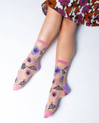 Sheer crew socks with pink and purple floral butterfly print, pink cuff and toe