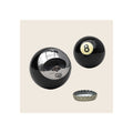 8-ball bottle opener, black glossy sphere with chrome base, showing front number and opener mechanism