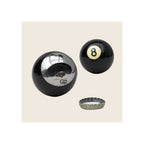8-ball bottle opener, black glossy sphere with chrome base, showing front number and opener mechanism