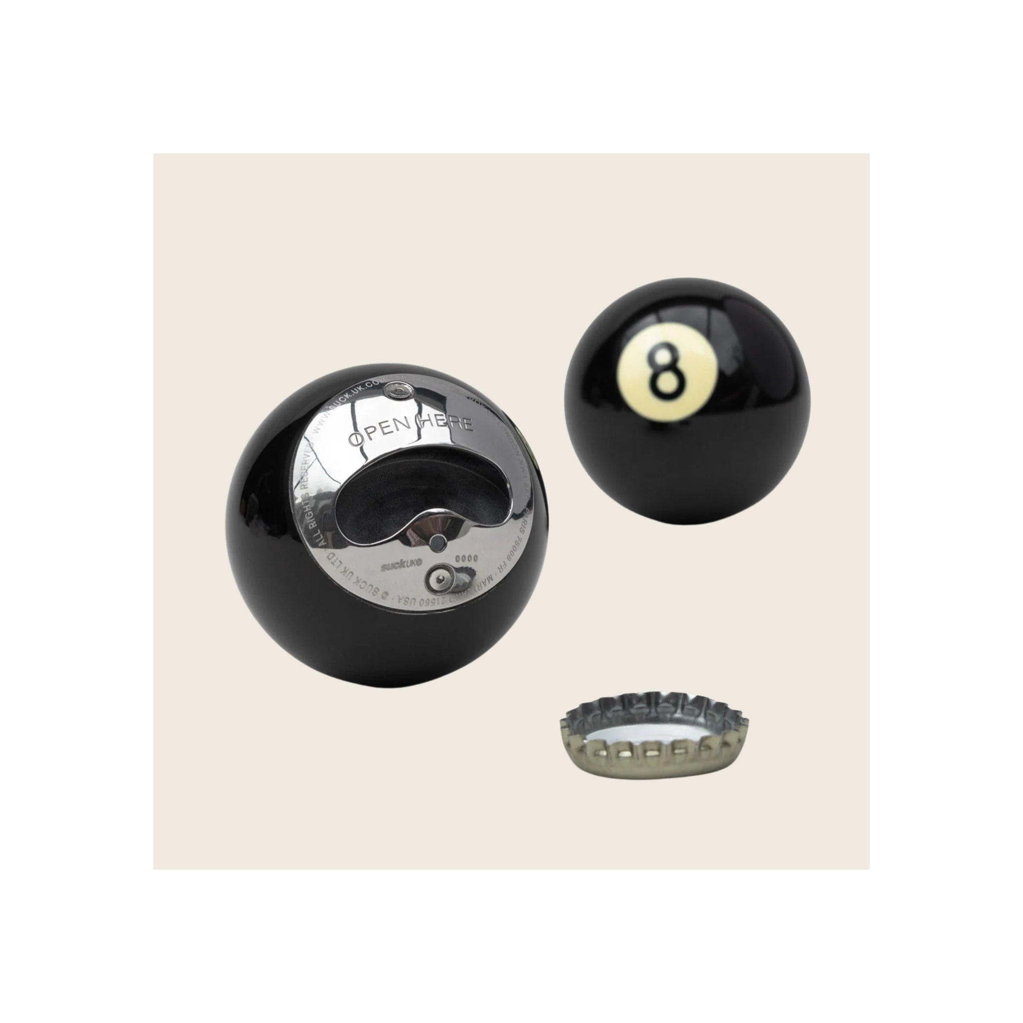 8-ball bottle opener, black glossy sphere with chrome base, showing front number and opener mechanism