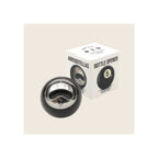 8-ball bottle opener, black gloss sphere with chrome opener mechanism, shown with white retail box