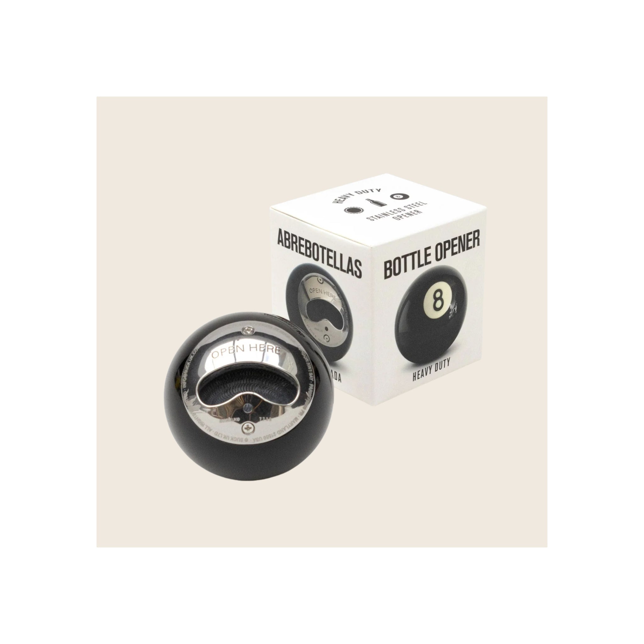 8-ball bottle opener, black gloss sphere with chrome opener mechanism, shown with white retail box