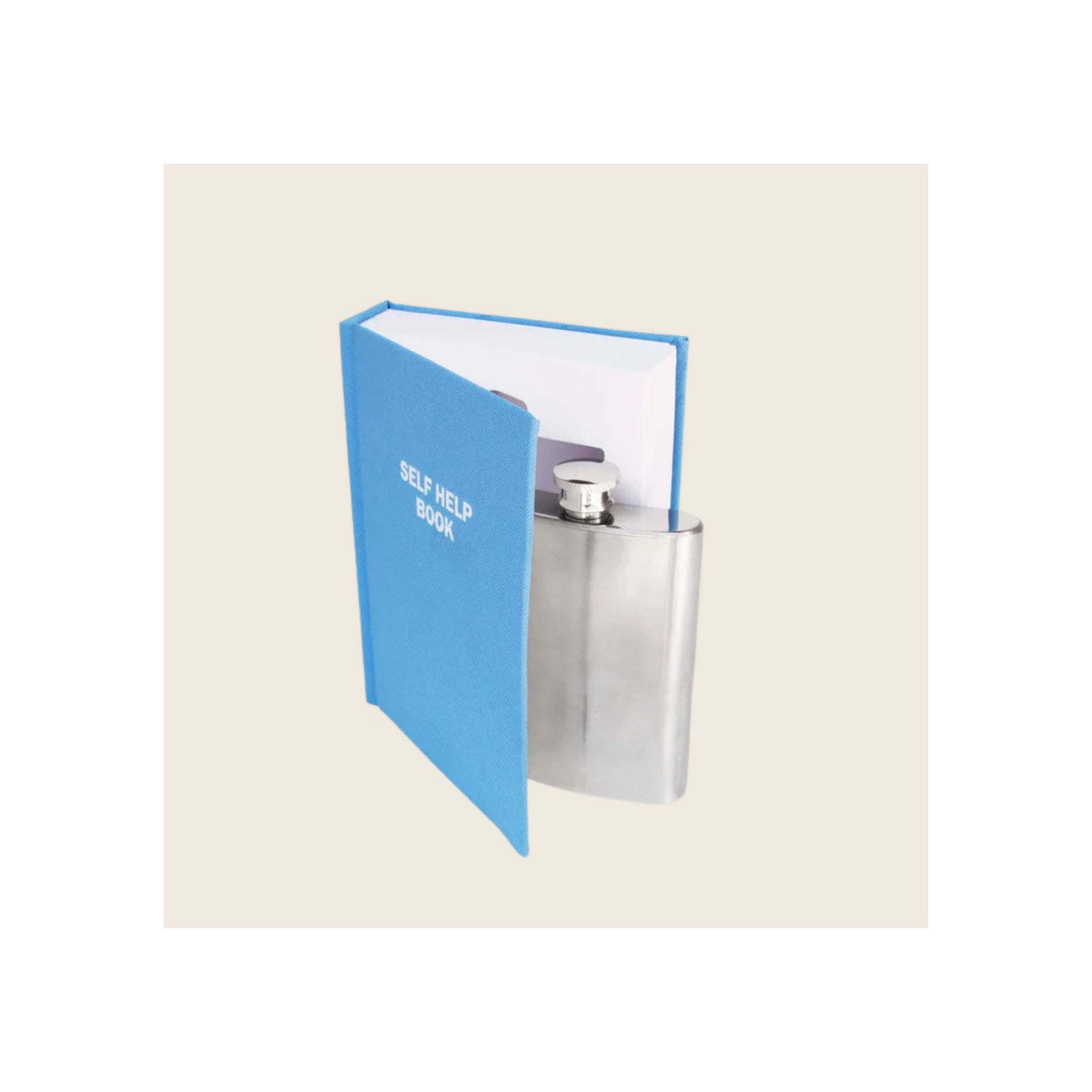 Blue hardcover book flask set open revealing silver stainless steel hip flask inside