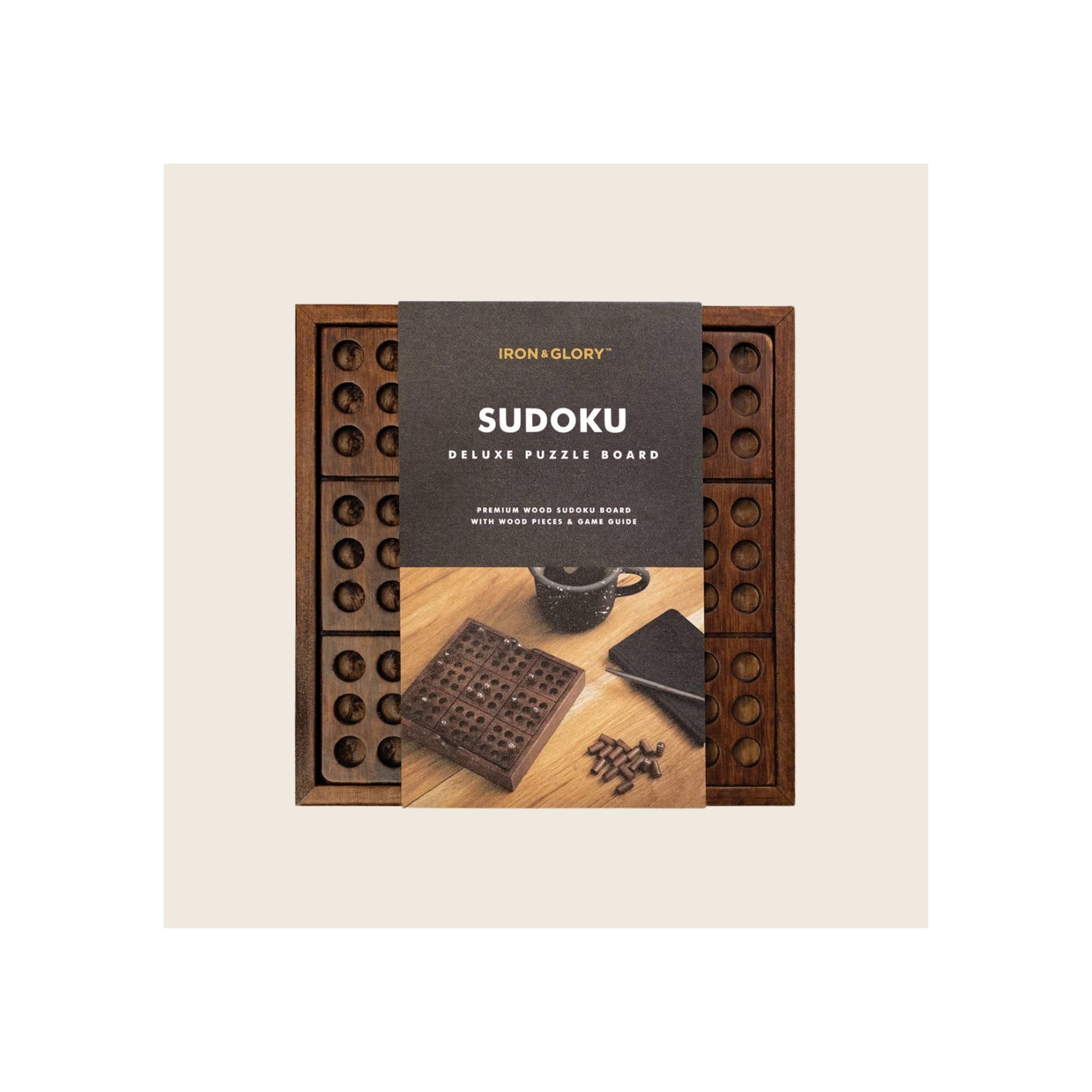 Sudoku wooden game board dark walnut finish with circular grid holes and branded packaging box