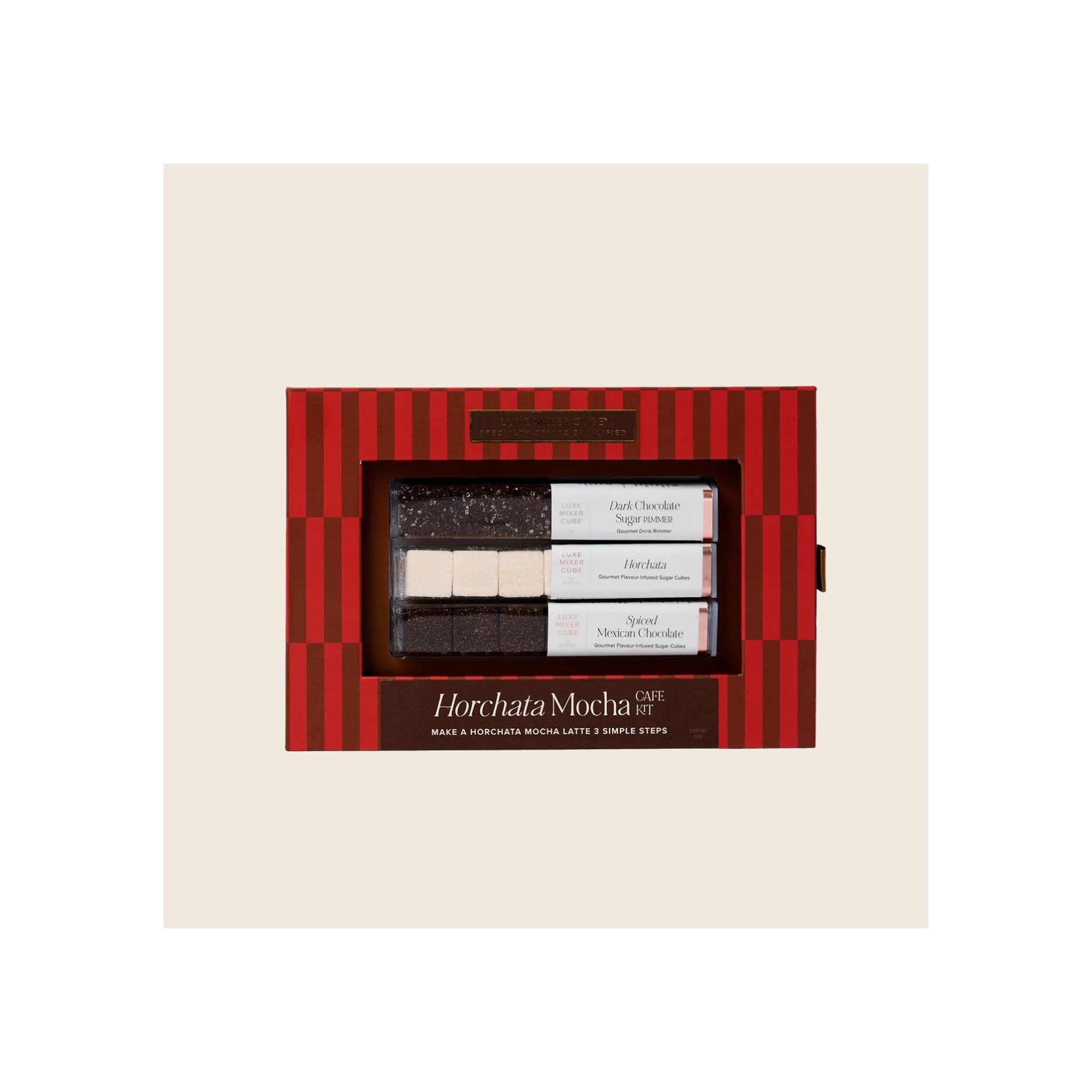Horchata Mocha Cafe Kit box, red striped, open window showing three sugar cube components