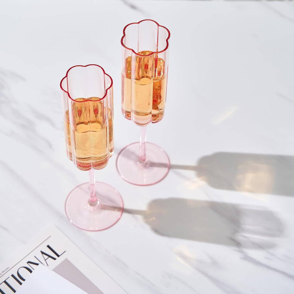 Flower Vintage Champagne Flute Glassware - Set of 2 - 7.4 oz