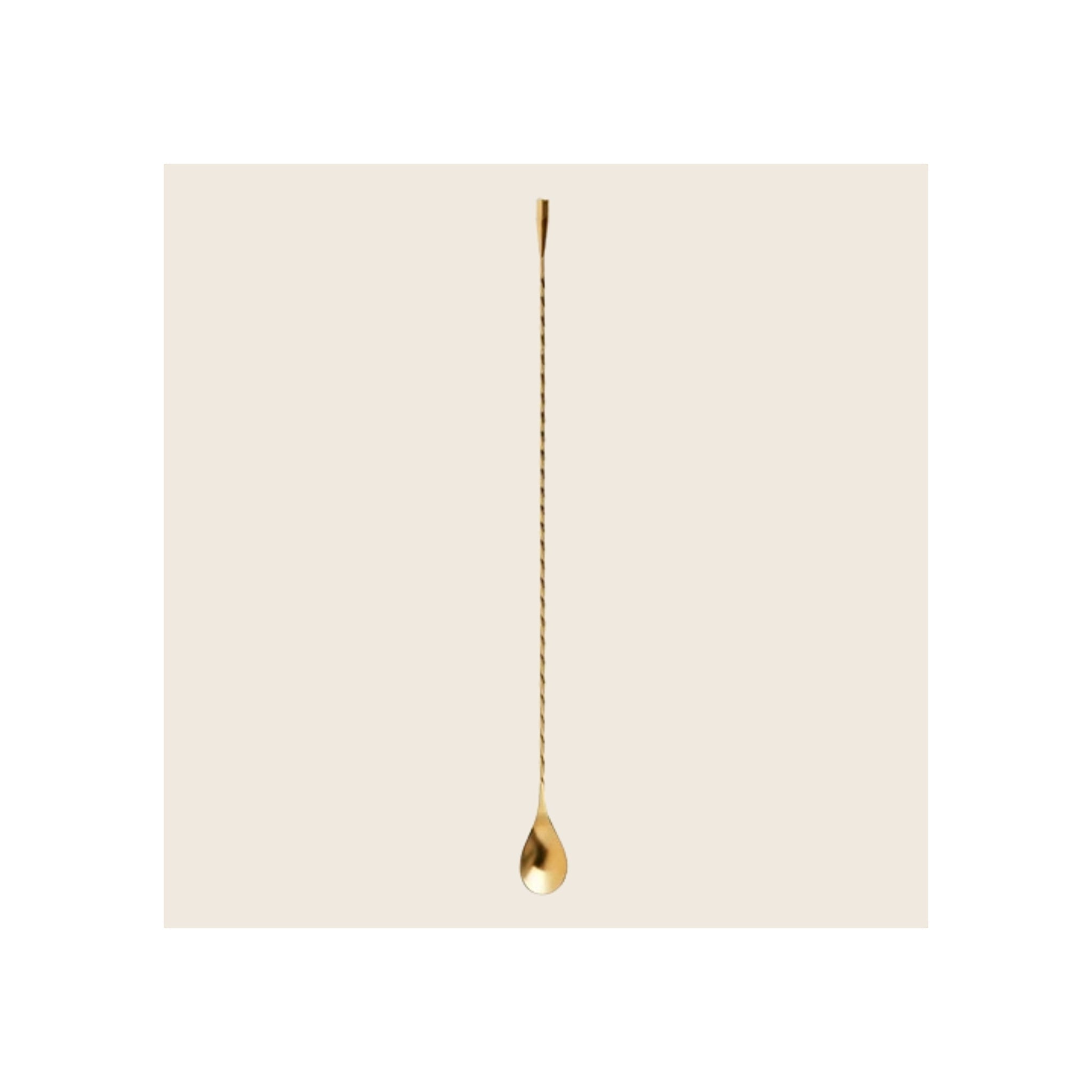 Barspoon, gold-finish metal, long twisted handle with teardrop bowl, vertical orientation