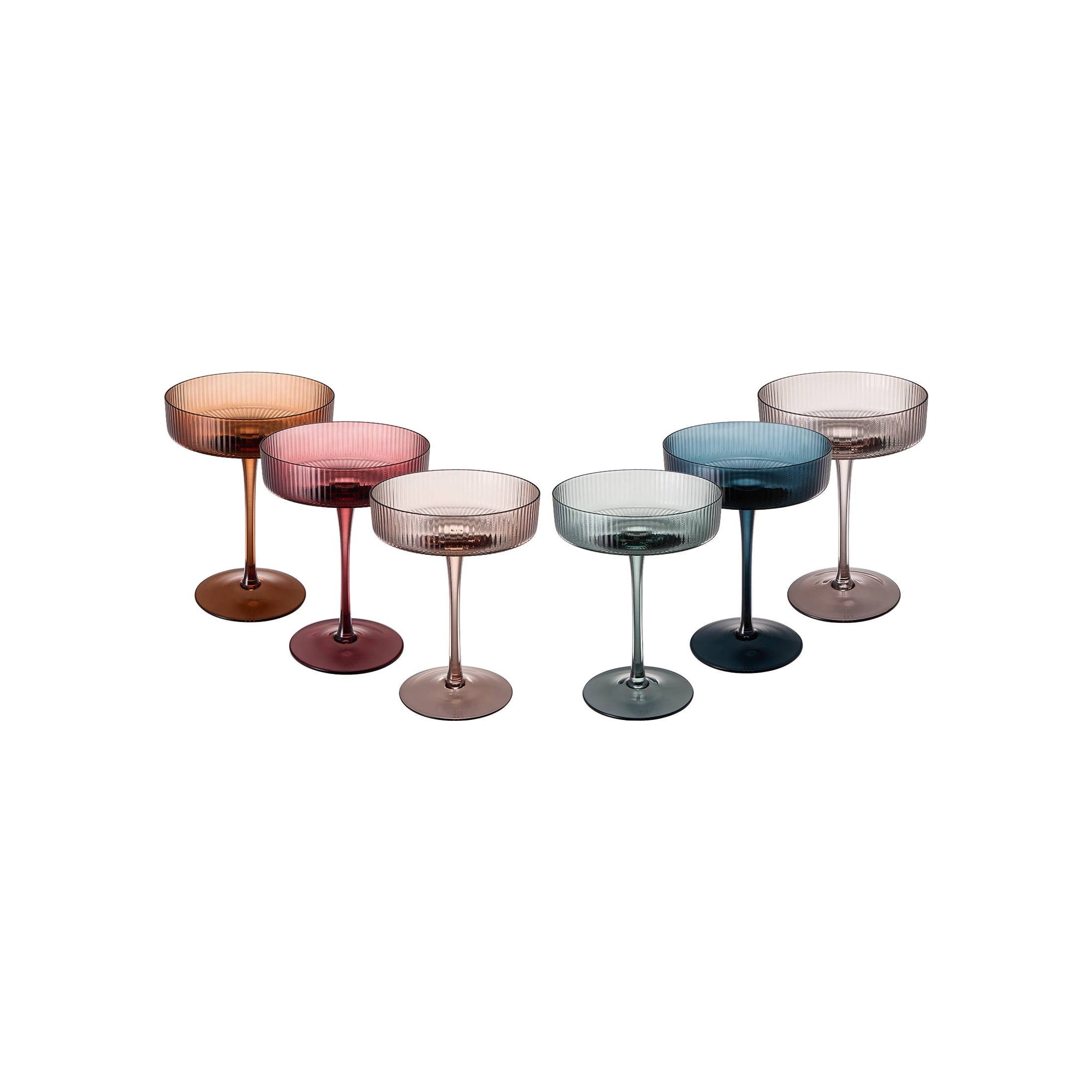Art Deco Ribbed Pastel Coupe, & Cocktail Glasses - 6 Set