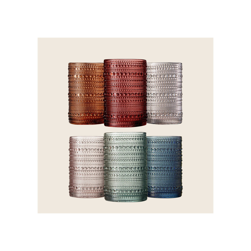 Beaded hobnail highball glasses set of six in amber, burgundy, grey, blush, sage, and navy