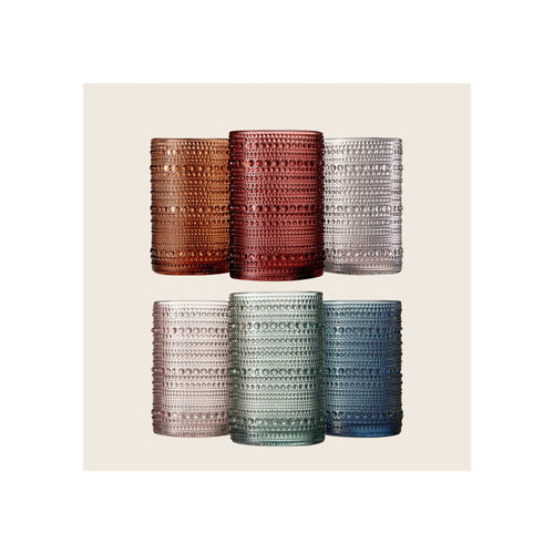 Beaded hobnail highball glasses set of six in amber, burgundy, grey, blush, sage, and navy
