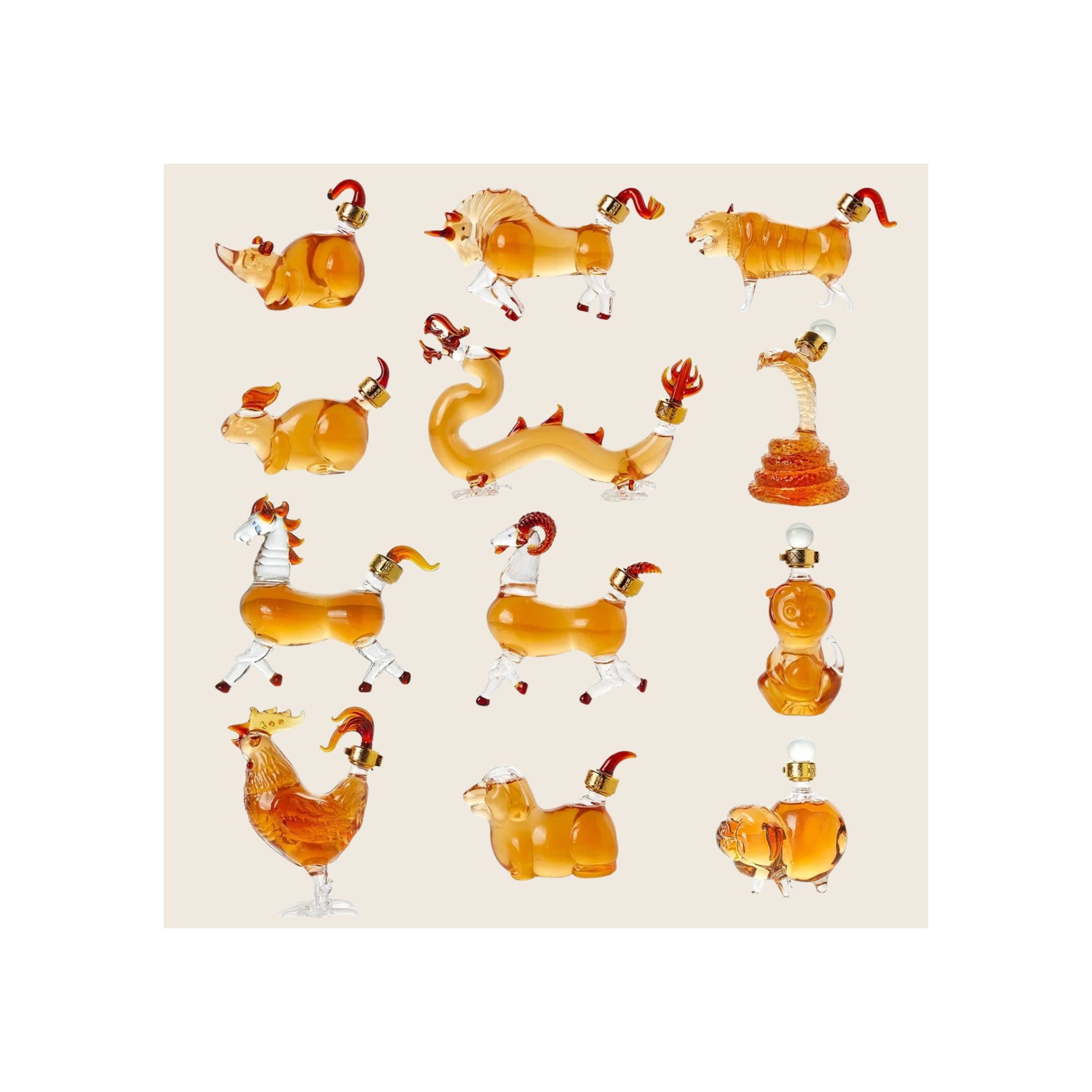 Chinese Zodiac glass decanters, twelve amber-filled animal-shaped bottles, gold stoppers, white background