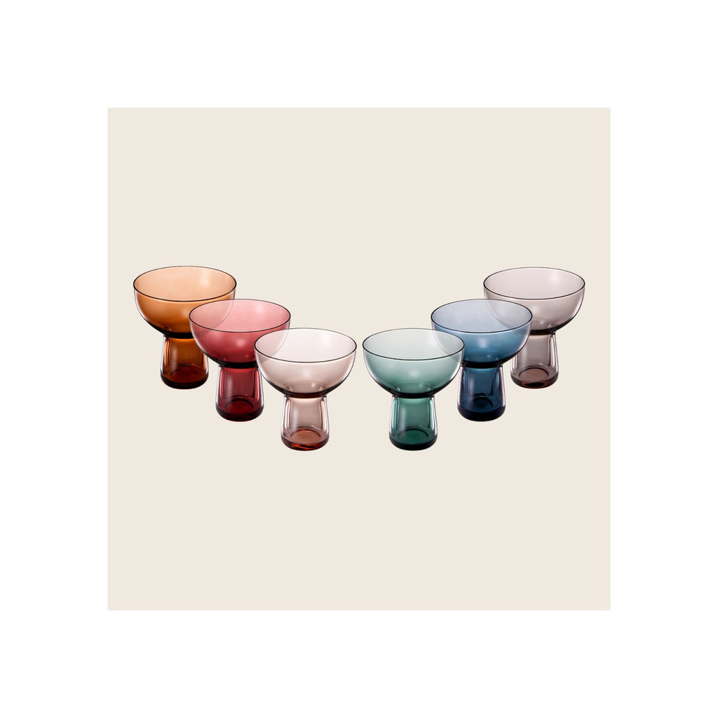 Set of six stemless margarita glasses in amber, red, blush, teal, blue, and taupe transparent glass