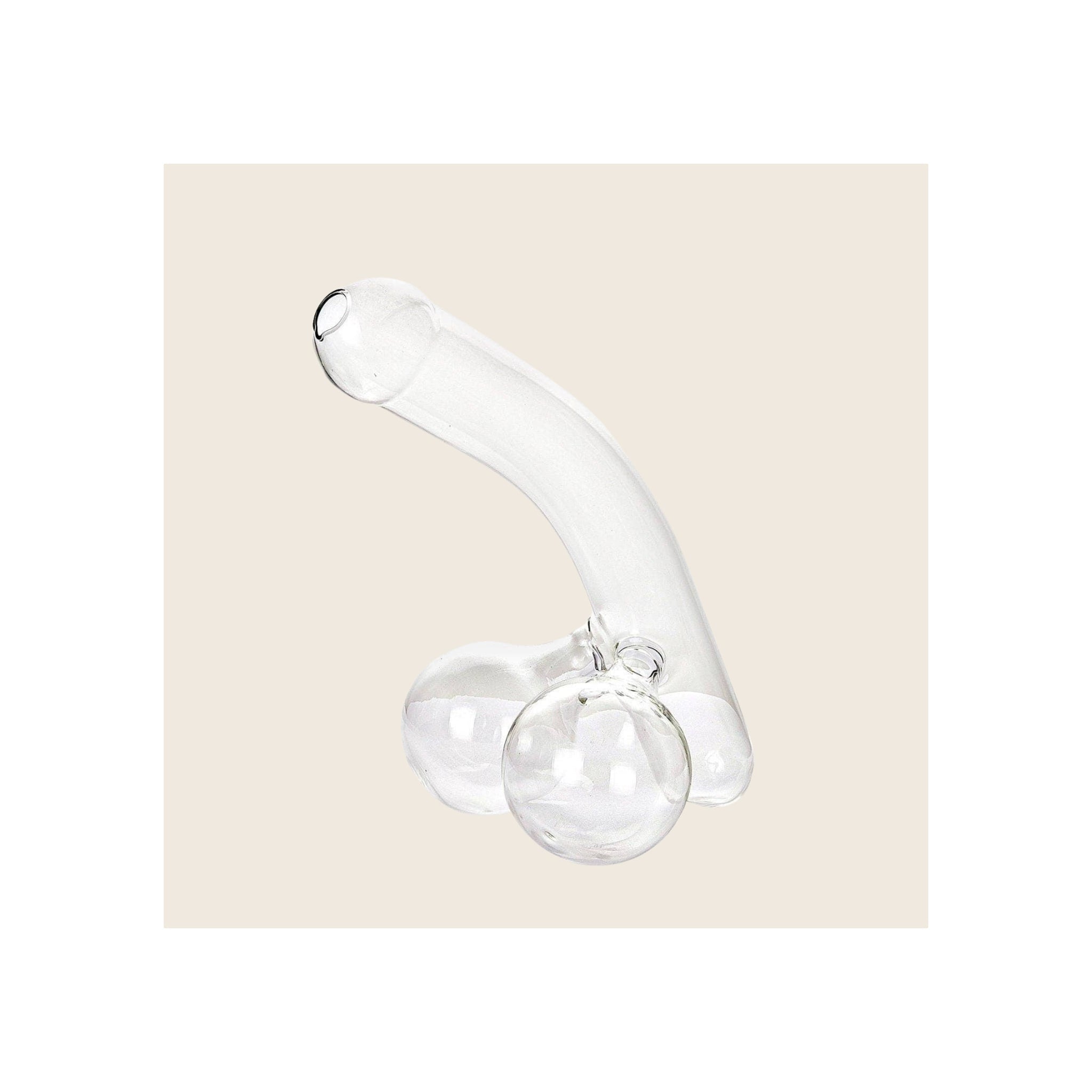 Penis decanter, clear borosilicate glass, curved shaft with hollow spherical base, upright orientation