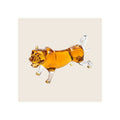 Tiger-shaped glass decanter filled with amber whiskey, clear glass legs and tail, stopper at tail, side profile view