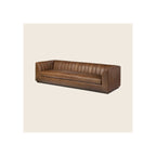 Sofa, brown leather, vertical channel-tufted back, low-profile dark plinth base, angled three-quarter view