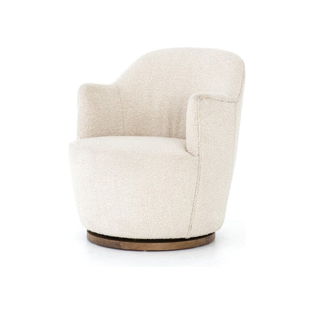 Swivel accent chair in cream bouclé upholstery with parawood base shown in three-quarter view, alternate colorway