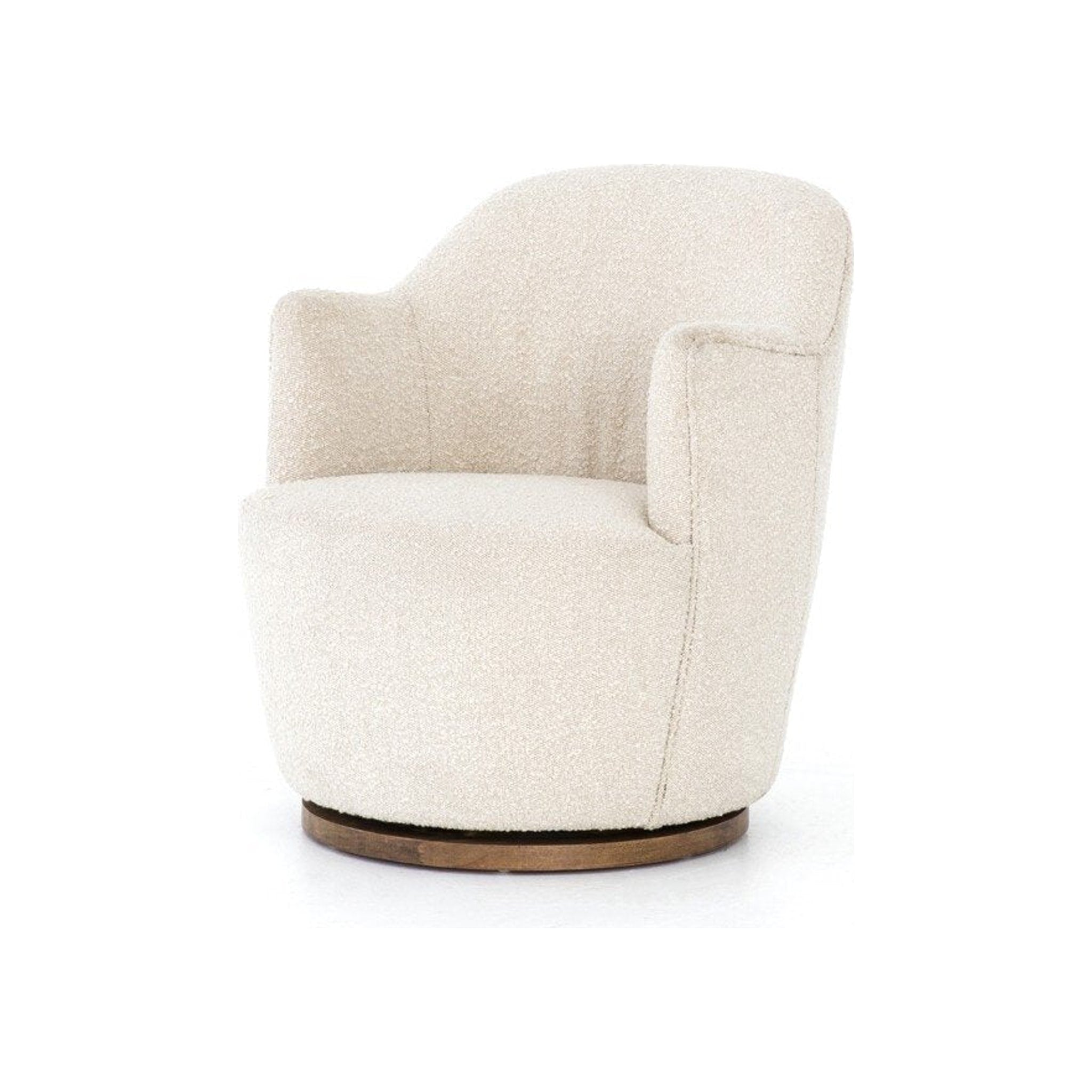 Swivel accent chair in cream bouclé upholstery with parawood base shown in three-quarter view, alternate colorway