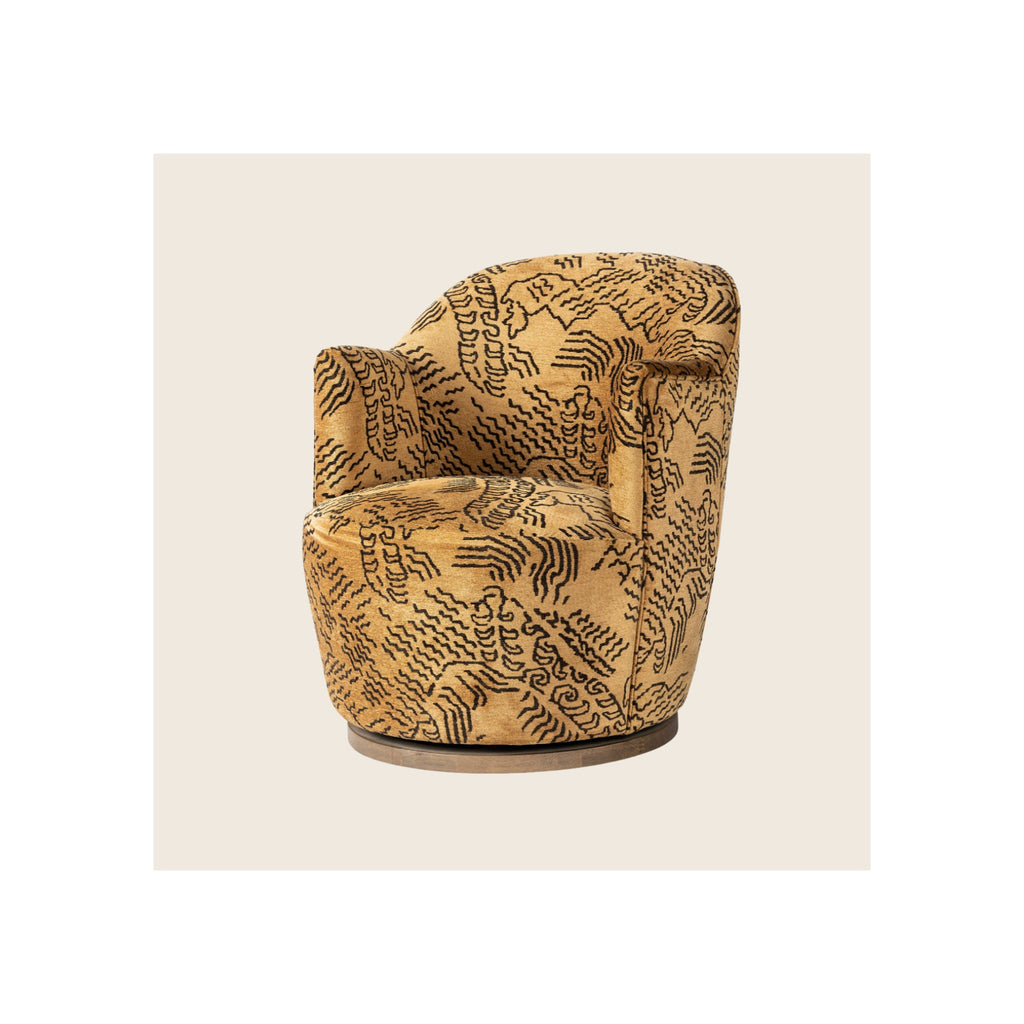 Swivel armchair in gold and black tiger-pattern velvet upholstery on round wood base, three-quarter front view