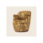 Swivel armchair in gold and black tiger-pattern velvet upholstery on round wood base, three-quarter front view