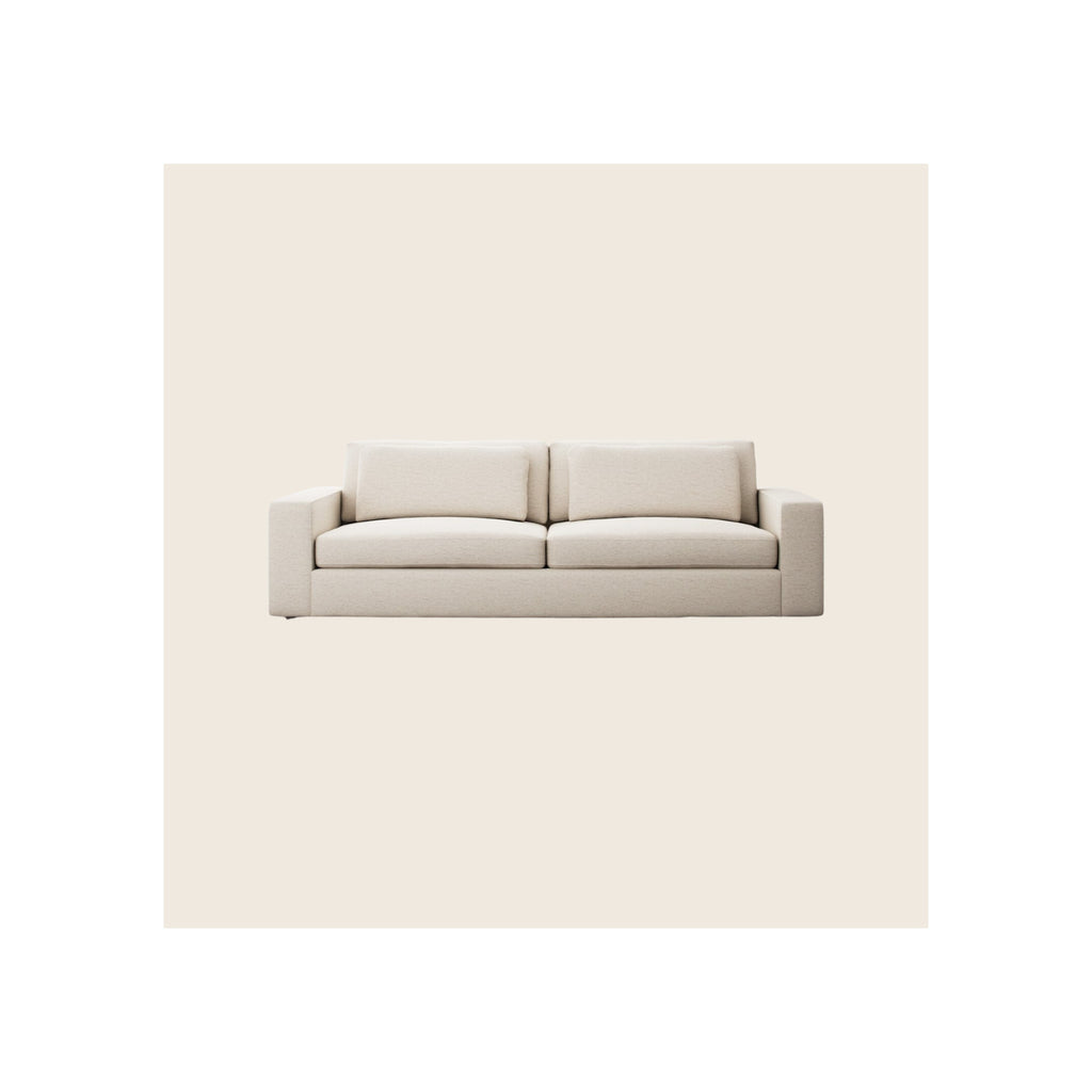 Sofa, cream woven fabric upholstery, wide square arms, two-seat cushion, front-facing view